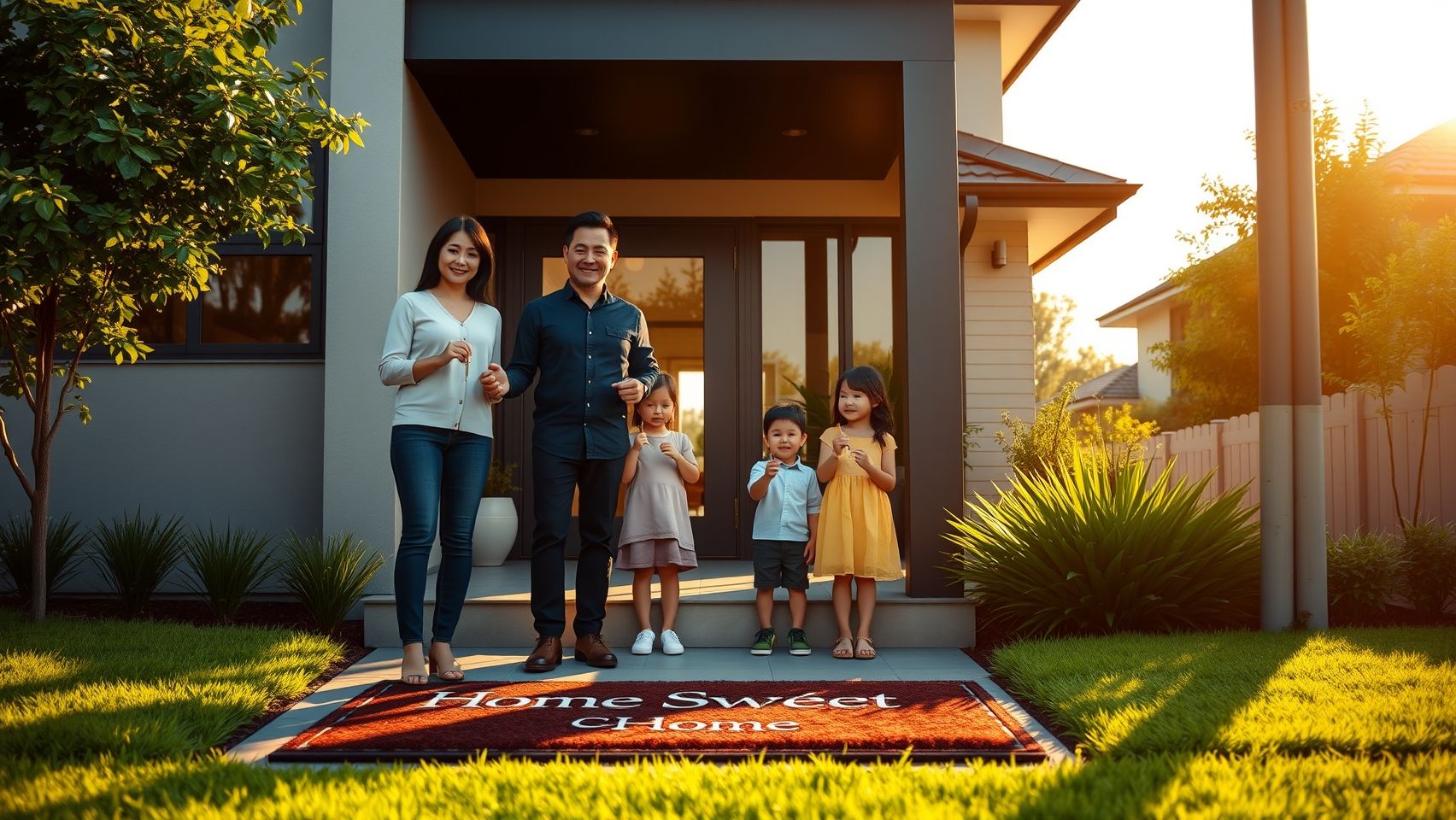 Một gia đình Việt Nam đang xem xét căn nhà hiện đại tại một khu dân cư yên bình ở Melbourne, Úc, thể hiện ước mơ sở hữu nhà.