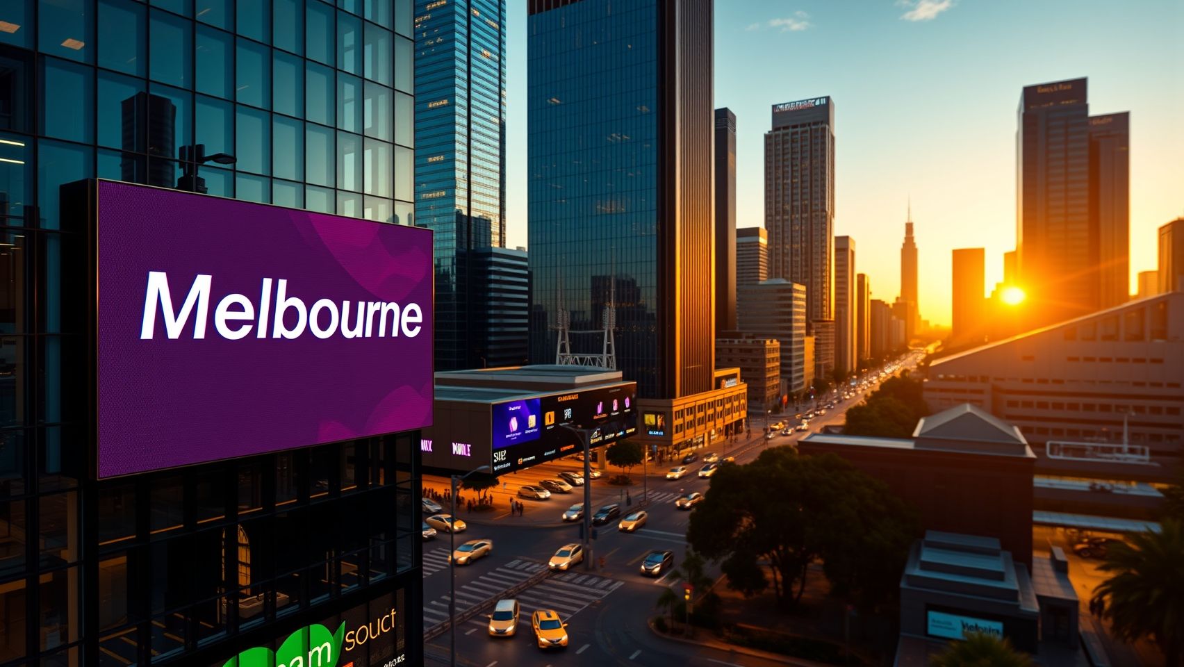 Toàn cảnh thành phố Melbourne rực rỡ với các tòa nhà chọc trời và đường phố sầm uất, thể hiện sự năng động và phát triển của thành phố.
