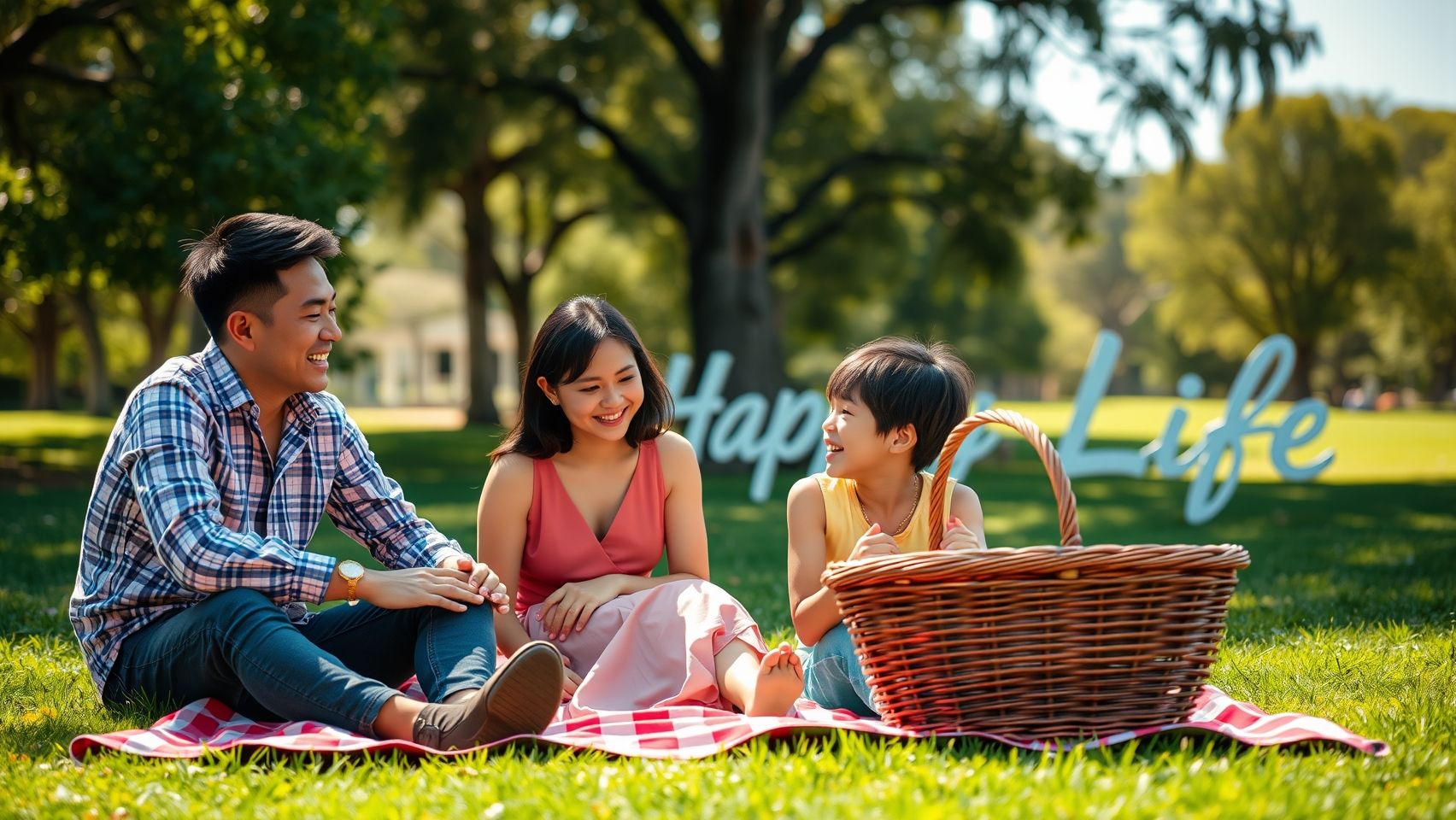 Một gia đình Việt Nam đang vui chơi tại công viên rộng lớn, xanh mát ở Úc, thể hiện cuộc sống hạnh phúc và ổn định khi định cư.