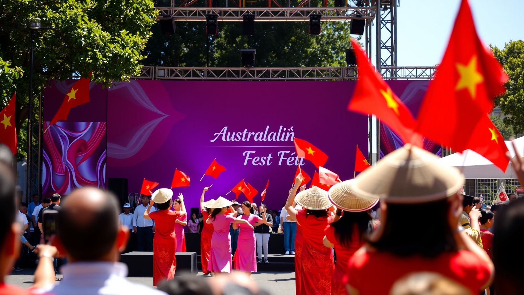 Hình ảnh một lễ hội văn hóa Việt Nam sôi động với những người mặc áo dài truyền thống, múa nón và cờ Việt Nam bay phấp phới ở Úc.