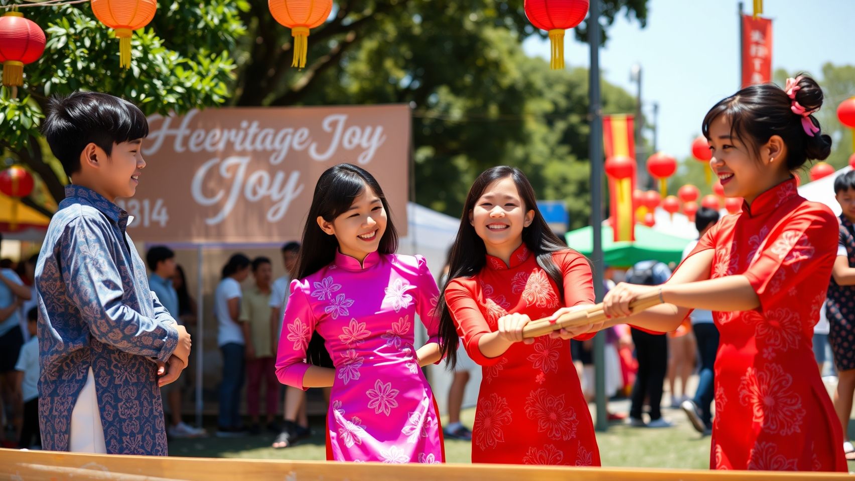 Hình ảnh một nhóm thanh thiếu niên Việt gốc Úc mặc áo dài cách tân, vui vẻ tham gia trò chơi dân gian tại lễ hội, thể hiện sự kết nối giữa truyền thống và hiện đại.