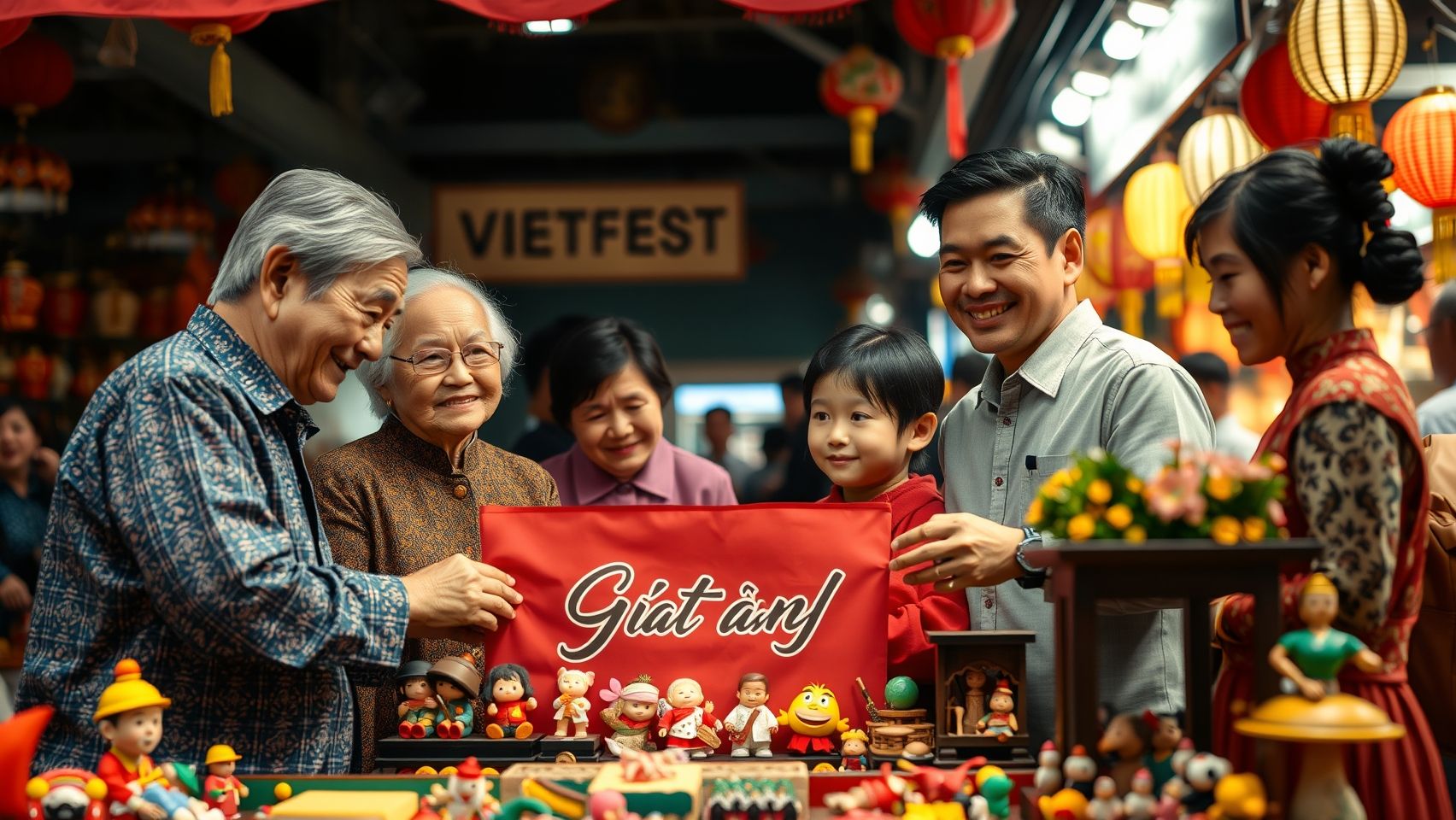 Hình ảnh gia đình người Việt gồm ông bà, cha mẹ và các cháu quây quần bên gian hàng đồ chơi truyền thống tại VIETFEST, thể hiện sự gắn kết và truyền dạy văn hóa qua các thế hệ.