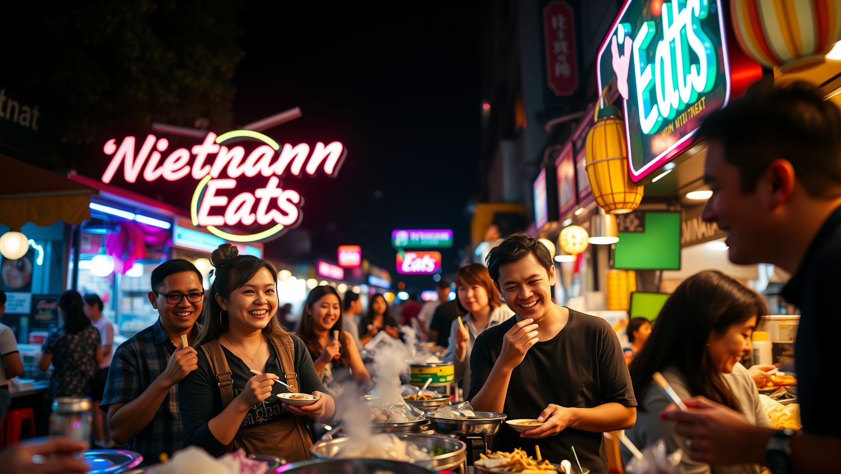 Du khách Úc vui vẻ thưởng thức các món ăn đường phố Việt Nam trong một khu chợ đêm sôi động.