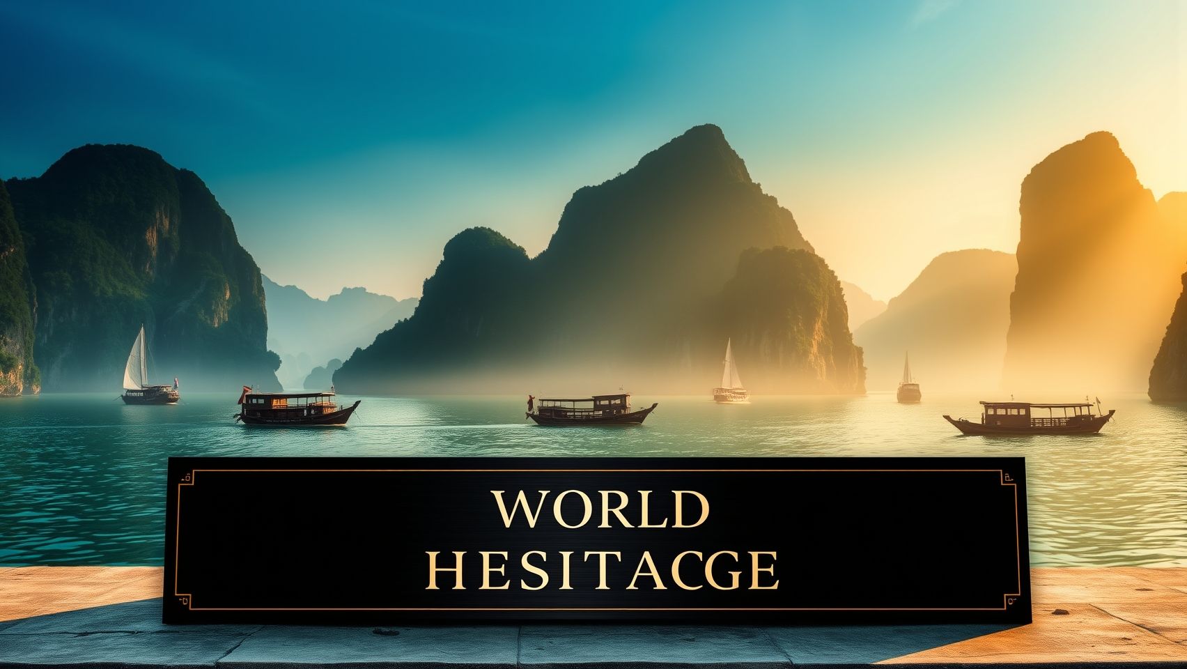 Phong cảnh Vịnh Hạ Long huyền ảo với những núi đá vôi hùng vĩ giữa làn nước xanh biếc.