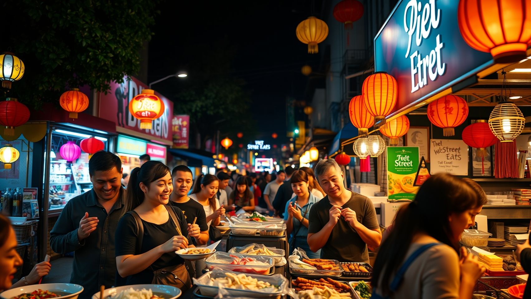 Du khách Úc đang thưởng thức ẩm thực đường phố Việt Nam tại một khu chợ đêm sôi động, với nhiều món ăn hấp dẫn.