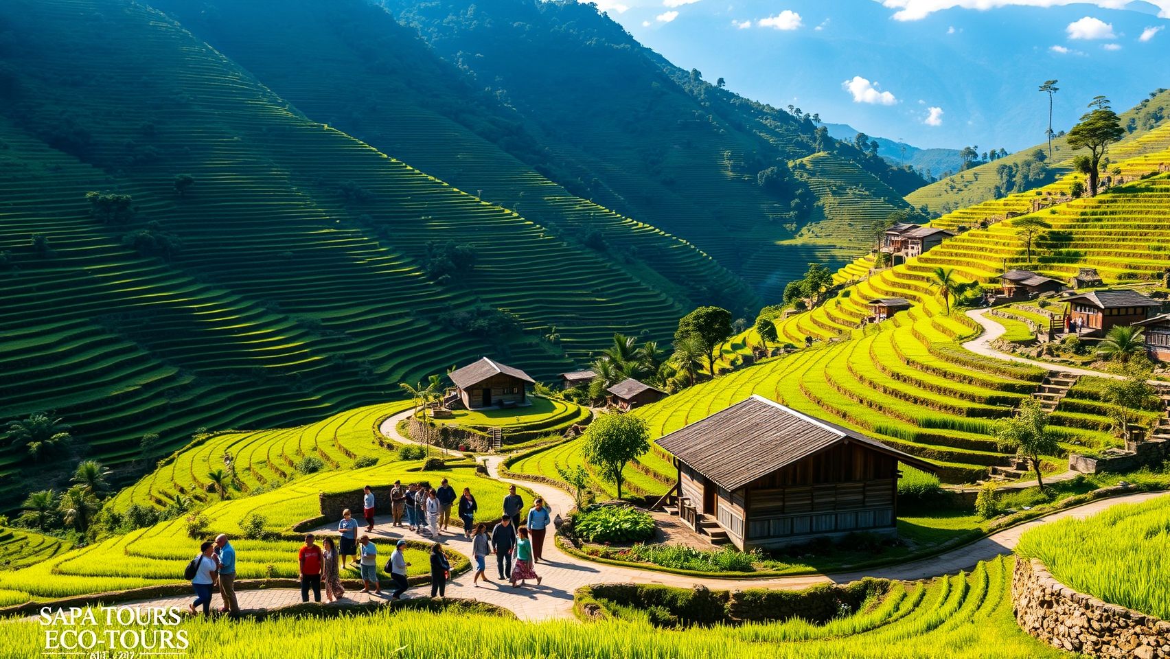 Cảnh quan núi non hùng vĩ tại Sapa với những thửa ruộng bậc thang xanh mướt, thu hút du khách trải nghiệm du lịch sinh thái và văn hóa địa phương.