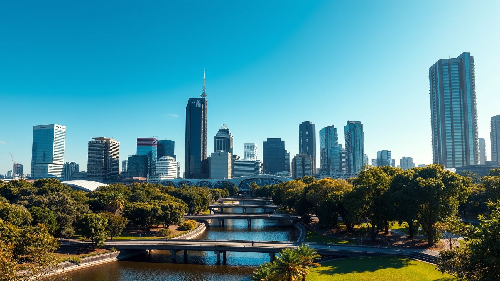 Thành phố Melbourne, Úc với những tòa nhà cao tầng hiện đại và không gian xanh tươi mát.