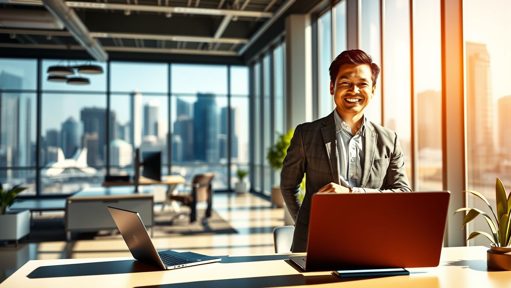 Một người Việt Nam đang làm việc tại Úc, tươi cười và tự tin.