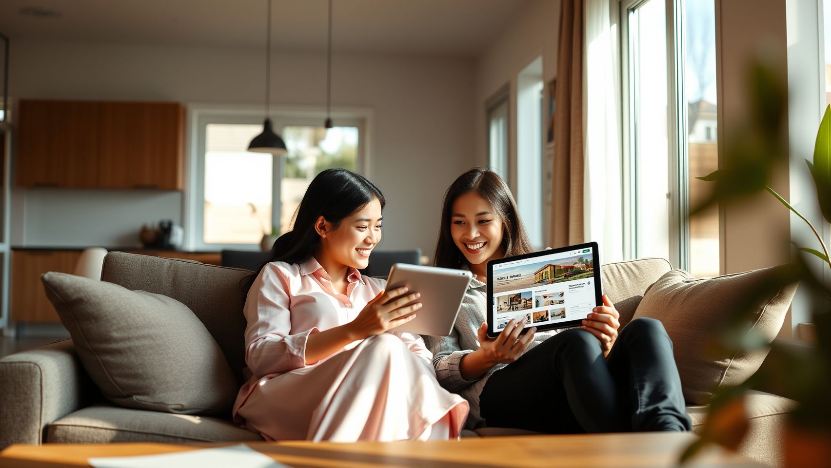 Một cặp vợ chồng trẻ người Việt đang xem xét các lựa chọn mua nhà tại Úc, thể hiện niềm vui và sự quyết tâm.