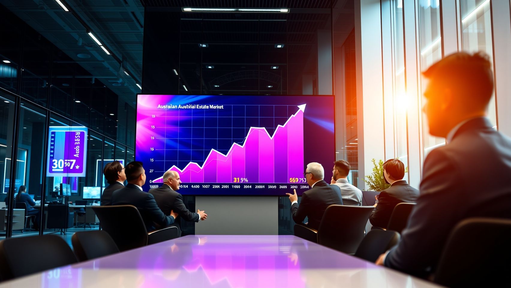 Biểu đồ tài chính thể hiện xu hướng tăng trưởng của thị trường bất động sản Úc, với các mũi tên đi lên và số liệu thống kê.