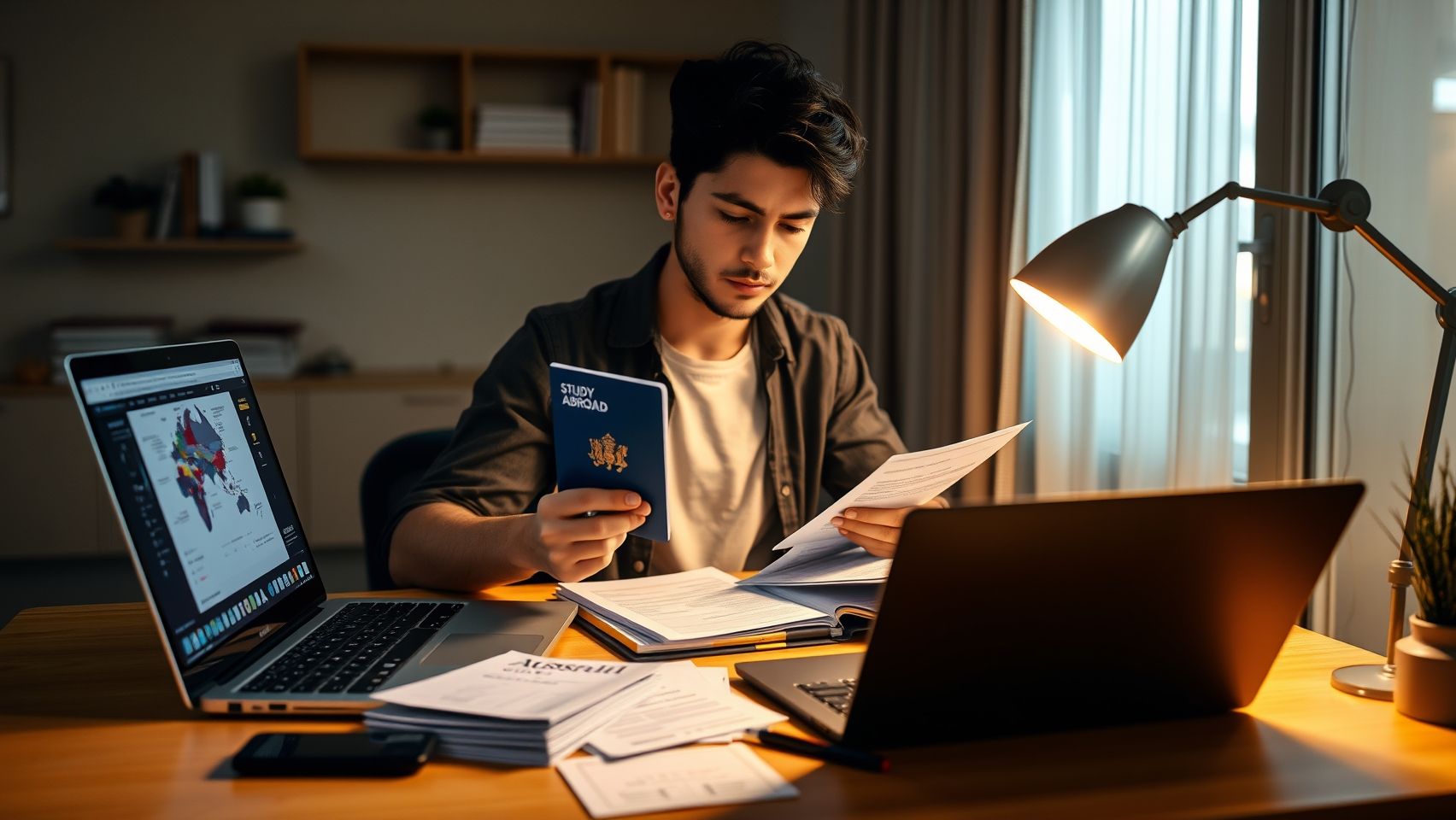 Một du học sinh đang kiểm tra các tài liệu cần thiết để chuẩn bị hồ sơ du học Úc
