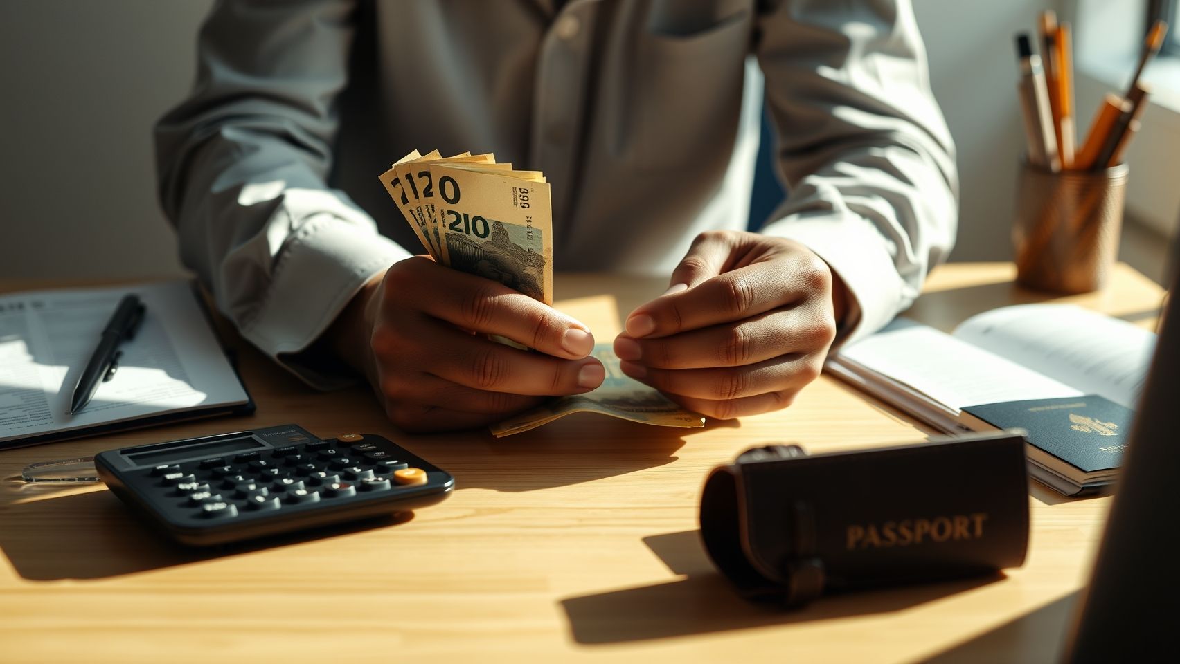 Hình ảnh một người đang đếm tiền đô la Úc, tượng trưng cho việc chuẩn bị tài chính cho du học