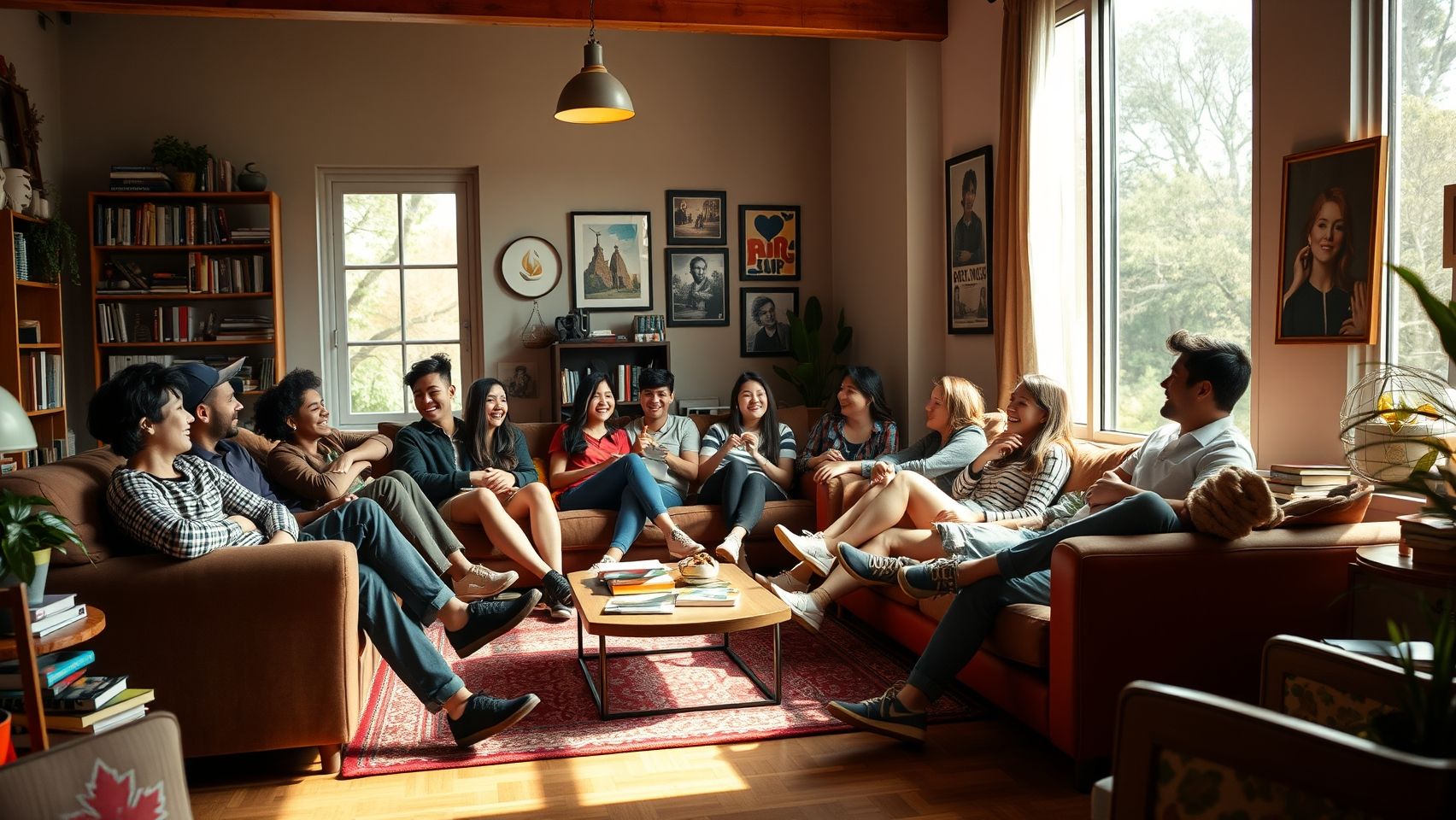 Hình ảnh một nhóm sinh viên đang ngồi trong phòng khách của một căn nhà share house, trò chuyện vui vẻ
