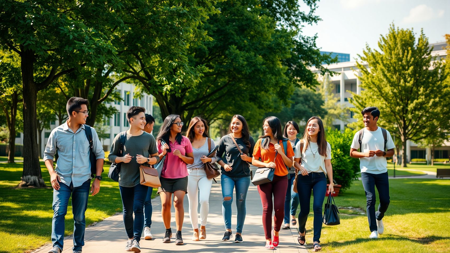 Một nhóm du học sinh đa quốc tịch đang vui vẻ trò chuyện, đi dạo trong khuôn viên trường đại học