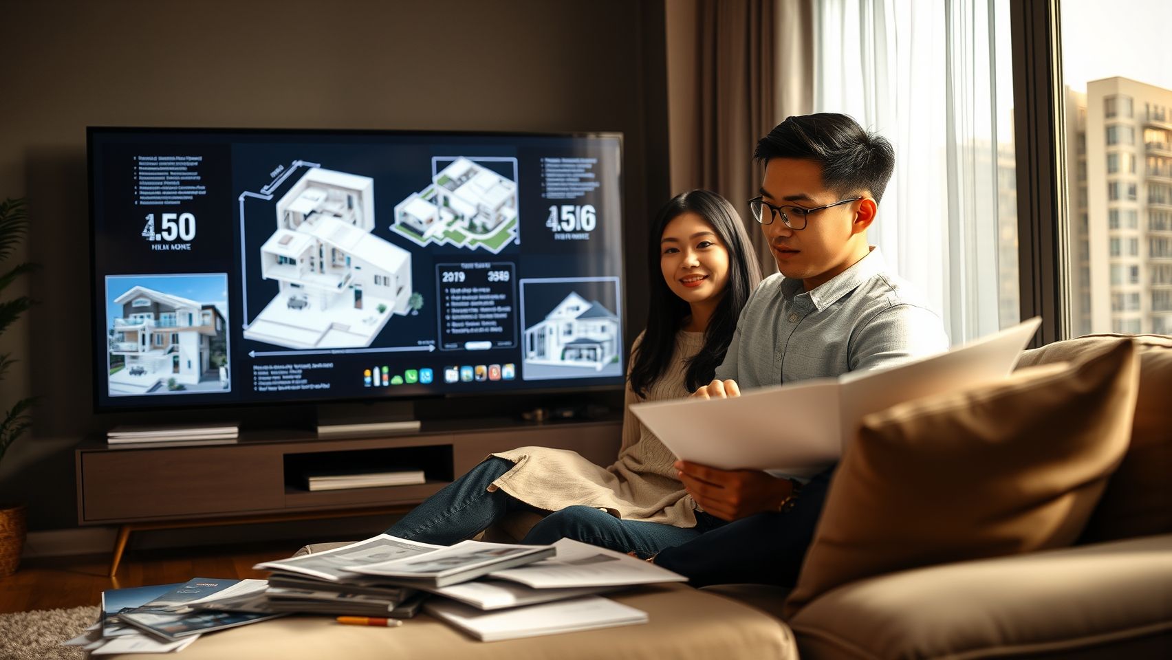 Cặp vợ chồng người Việt xem bản vẽ nhà