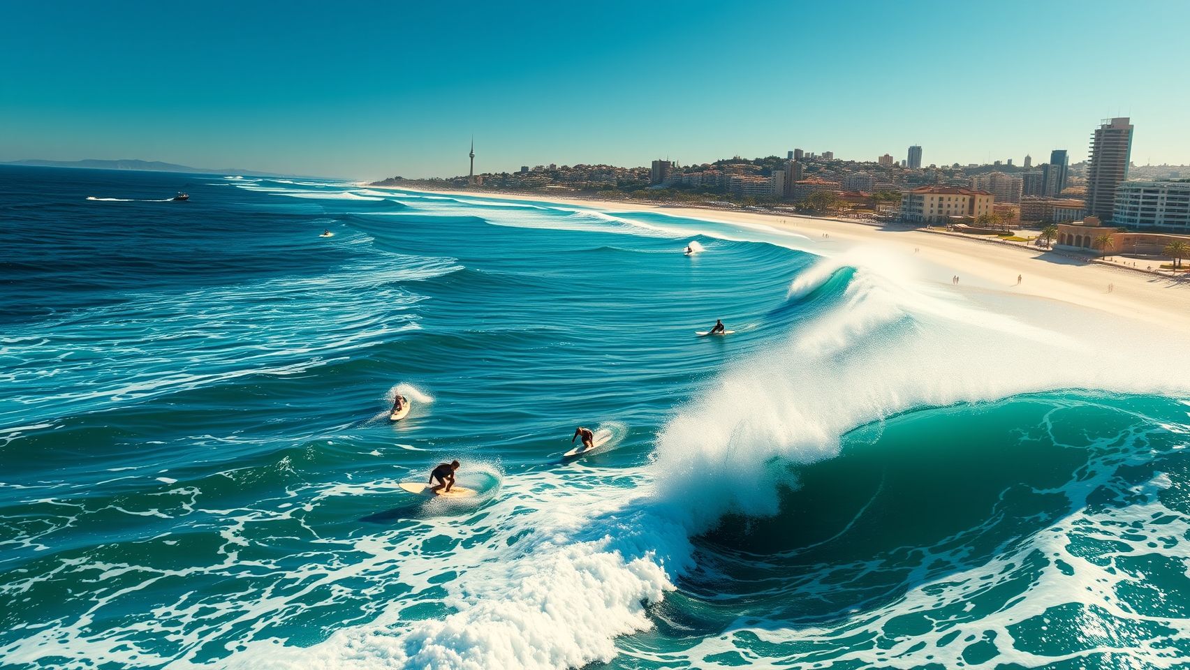 Bãi biển Bondi với người lướt sóng và quang cảnh thành phố