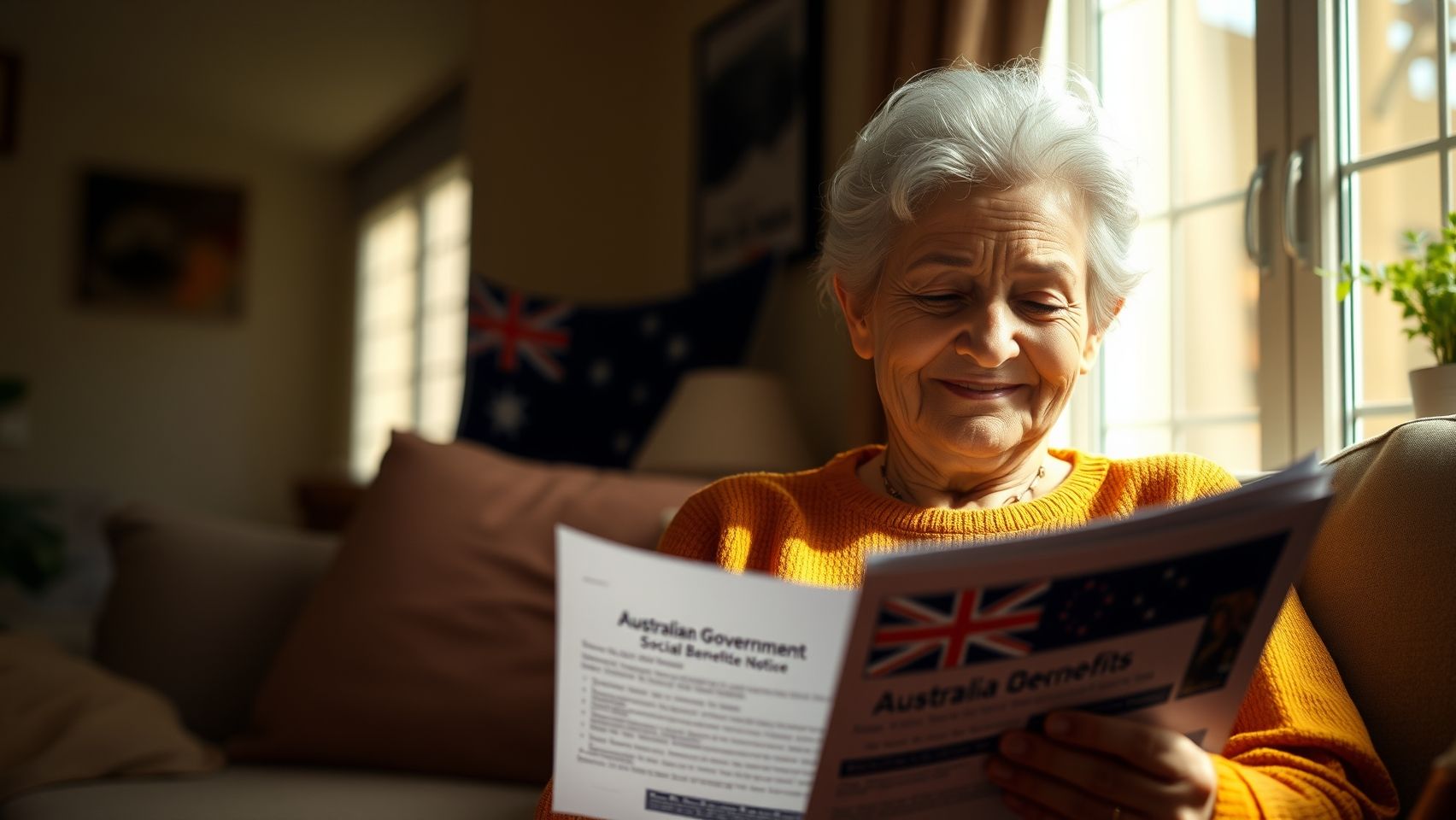Một người phụ nữ lớn tuổi đang đọc thông báo về trợ cấp xã hội của chính phủ Úc