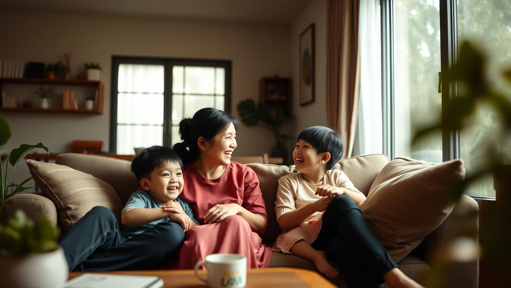 Một gia đình trẻ người Việt đang cười nói vui vẻ cùng con cái trong một căn nhà ấm cúng