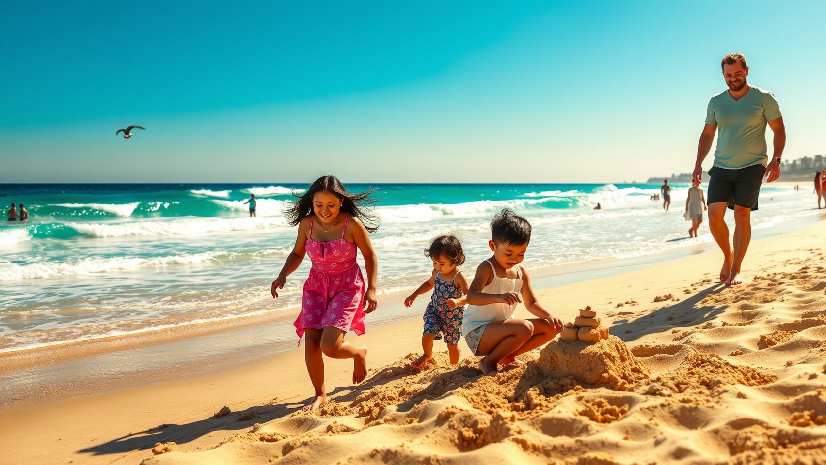 Một gia đình Việt đang dạo chơi tại bãi biển Bondi ở Sydney, thể hiện cuộc sống hạnh phúc khi định cư.