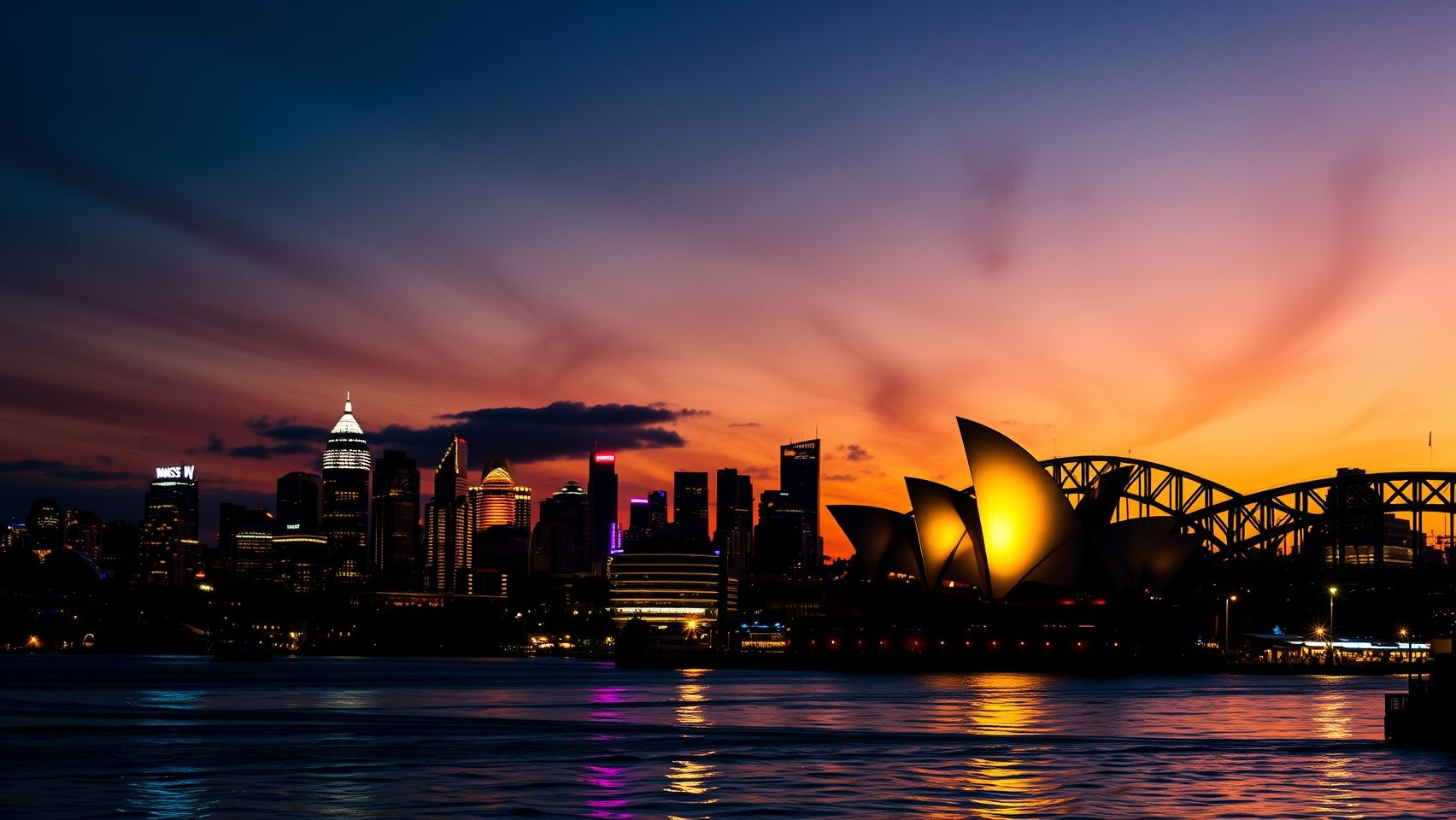 Toàn cảnh cầu cảng Sydney và Nhà hát Con Sò lúc hoàng hôn, với ánh đèn lung linh trên mặt nước.