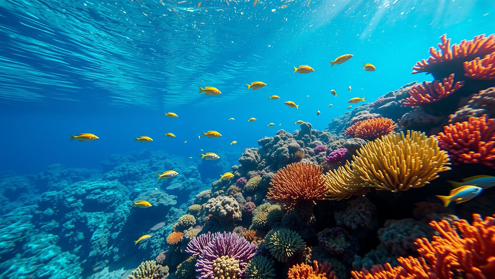 Một phần của rạn san hô Great Barrier Reef với nhiều màu sắc rực rỡ và cá bơi lội xung quanh.