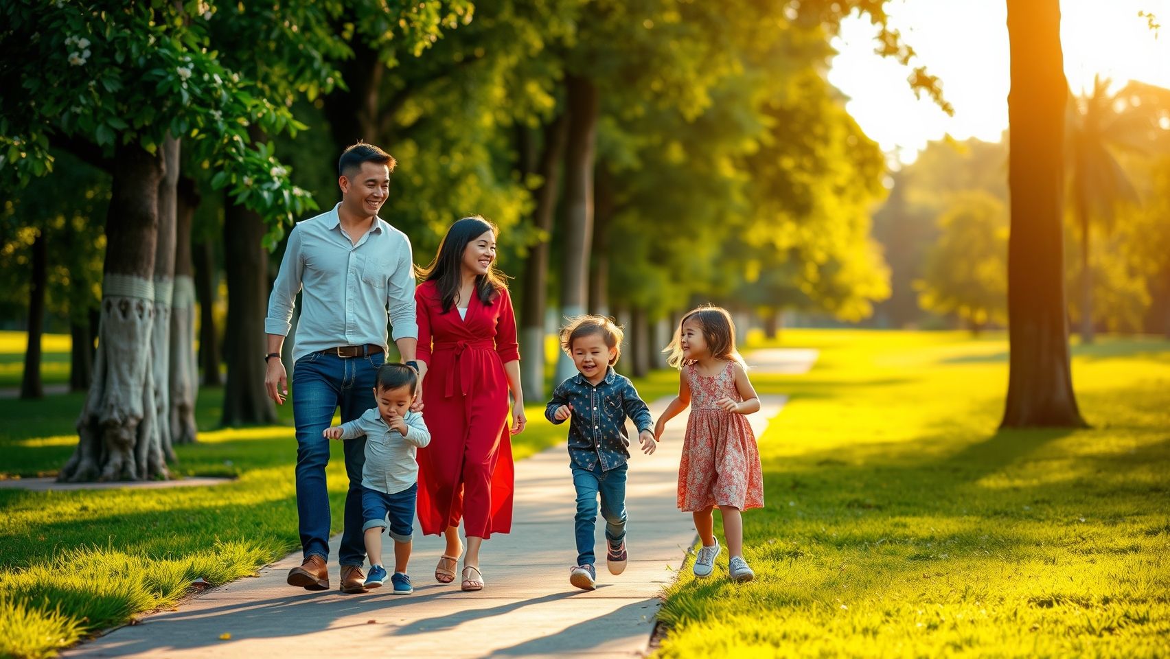 Một gia đình người Việt vui vẻ đi dạo trong công viên ở Melbourne, Úc, thể hiện cuộc sống hòa nhập và hạnh phúc tại đây.