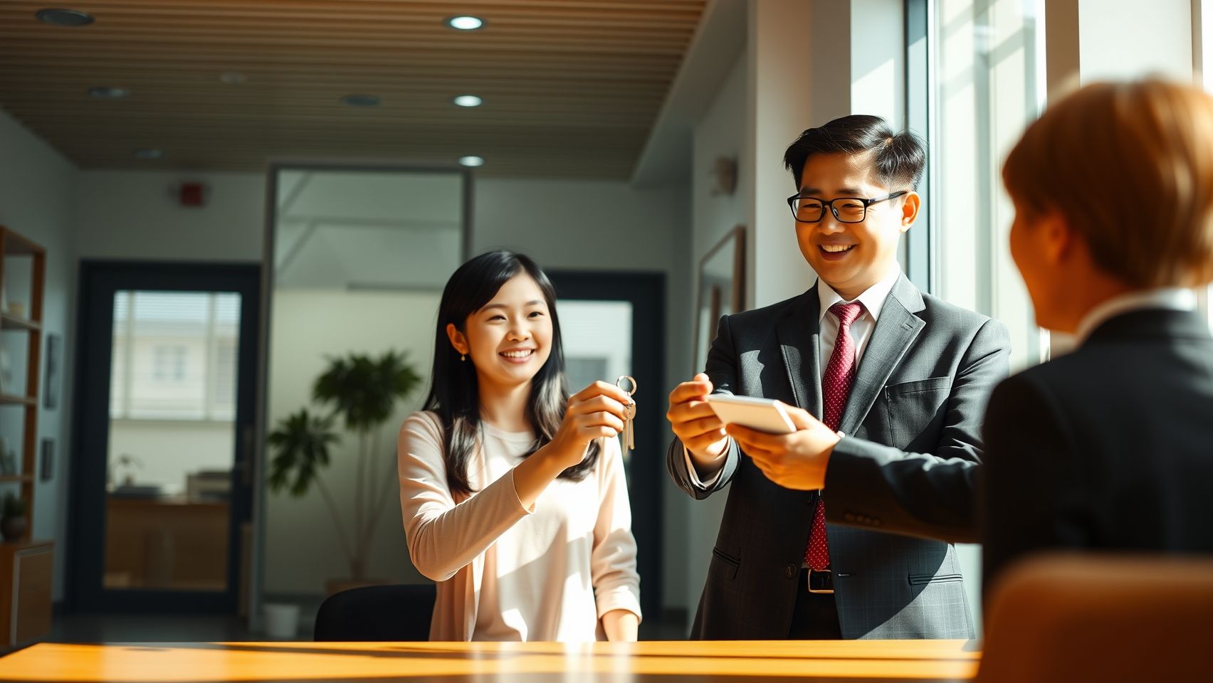 Gia đình nhận chìa khóa nhà mới tượng trưng cho chương trình hỗ trợ mua nhà