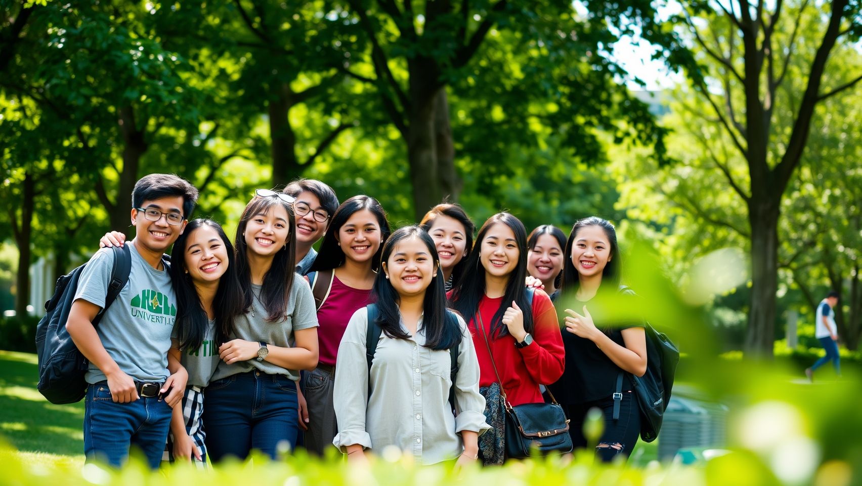 Sinh viên Việt Nam chụp ảnh tại khuôn viên một trường đại học ở Úc.