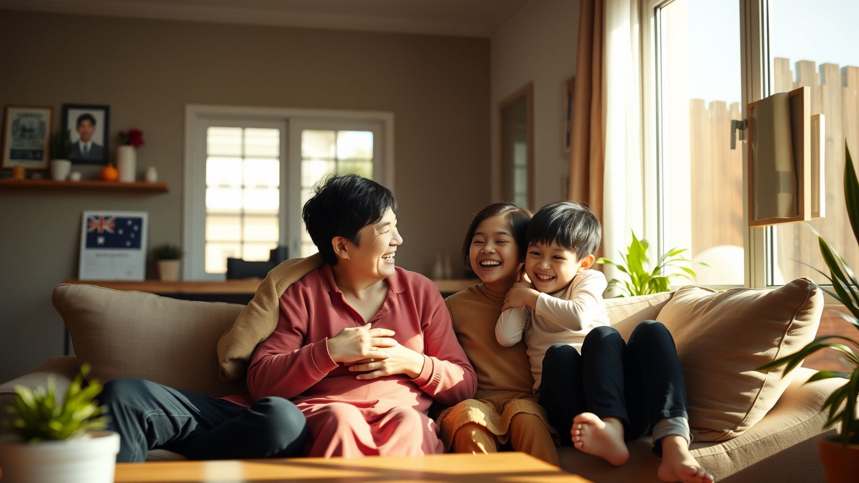 Một gia đình Việt đang sinh sống tại Úc vui vẻ bên nhau, tượng trưng cho sự gắn kết và quyền lợi được bảo đảm bởi luật quốc tịch mới.