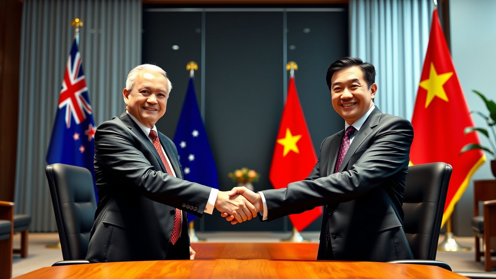 Hai đại diện cấp cao từ Úc và Việt Nam bắt tay thân thiện trong một cuộc gặp gỡ ngoại giao, phía sau là cờ hai nước.