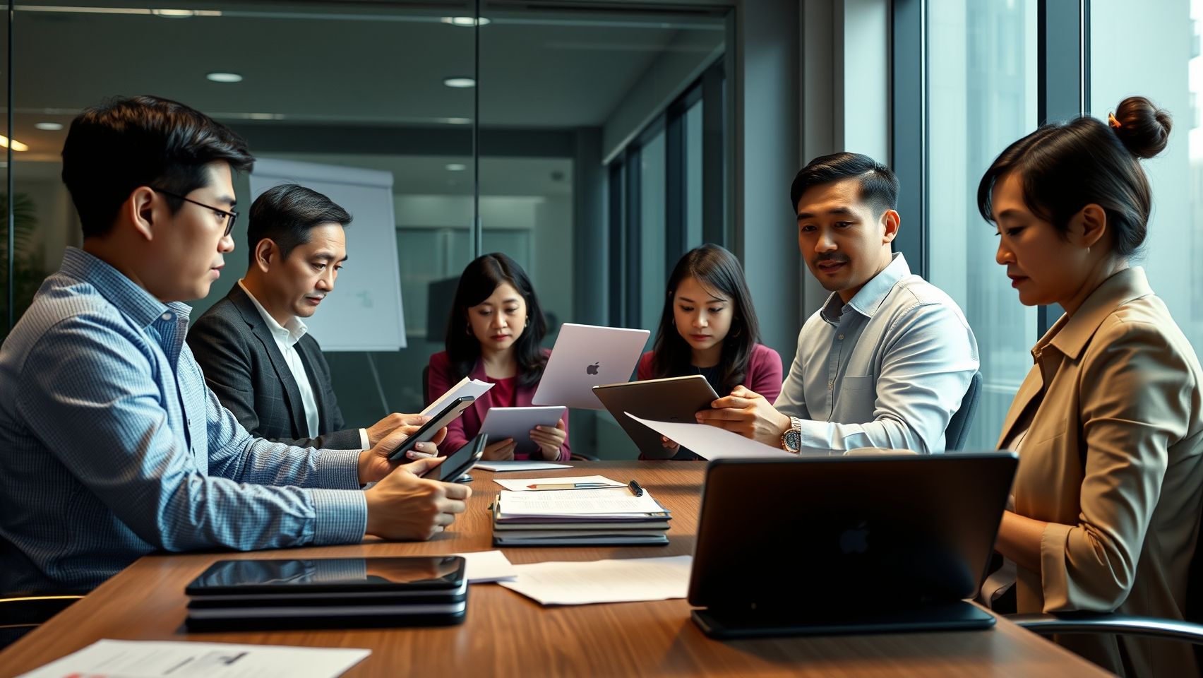 Một nhóm người Việt đang xem xét các văn bản pháp lý mới trên máy tính bảng, thể hiện sự quan tâm đến chính sách di trú.