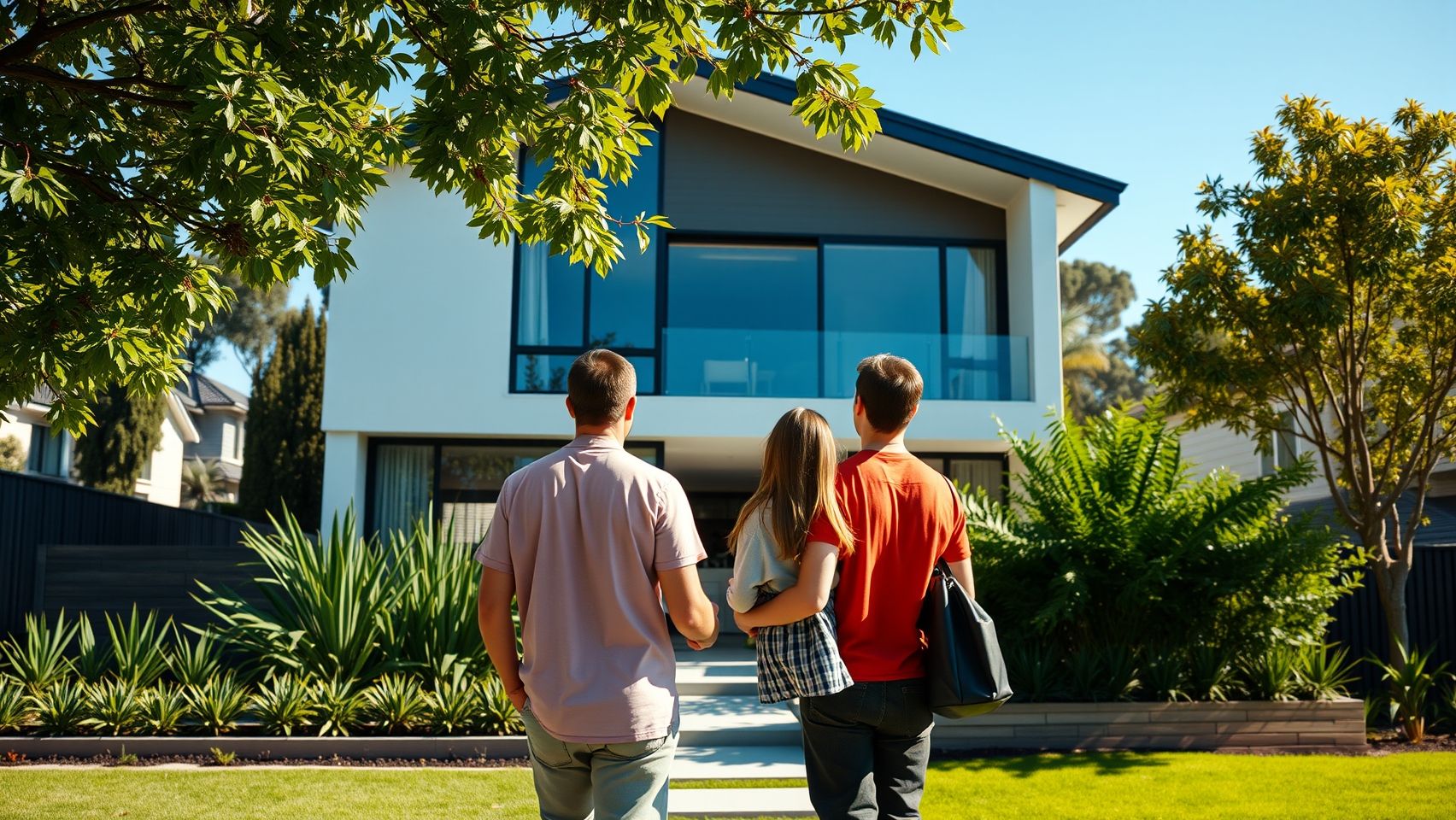 Một gia đình trẻ đang xem xét ngôi nhà mới ở vùng ven đô Úc với không gian xanh mát