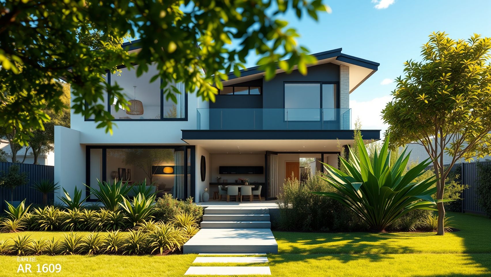 Một ngôi nhà hiện đại với vườn cây xanh tươi tại một khu vực ven đô của Úc