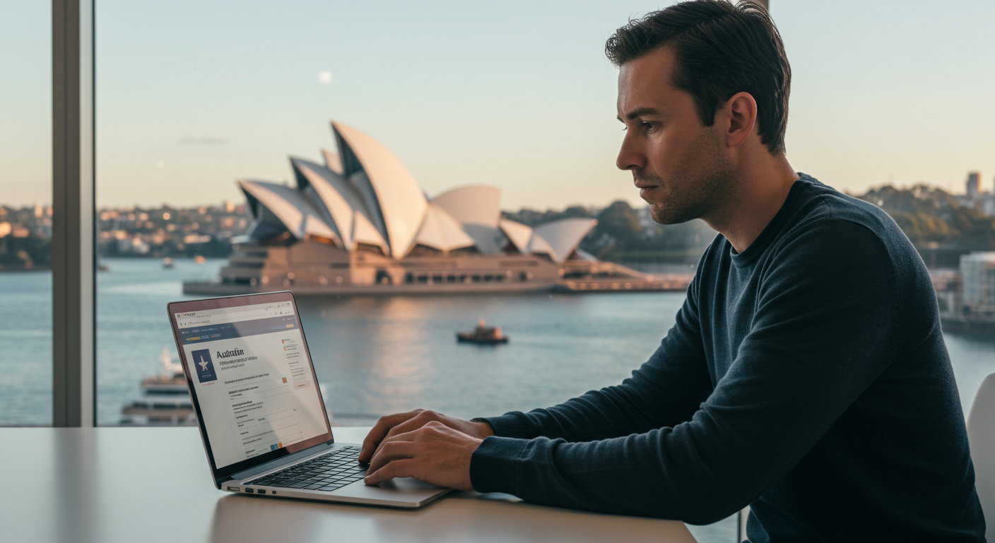 Một người đang xem xét các loại visa định cư Úc trên máy tính với hình ảnh Sydney ở hậu cảnh.