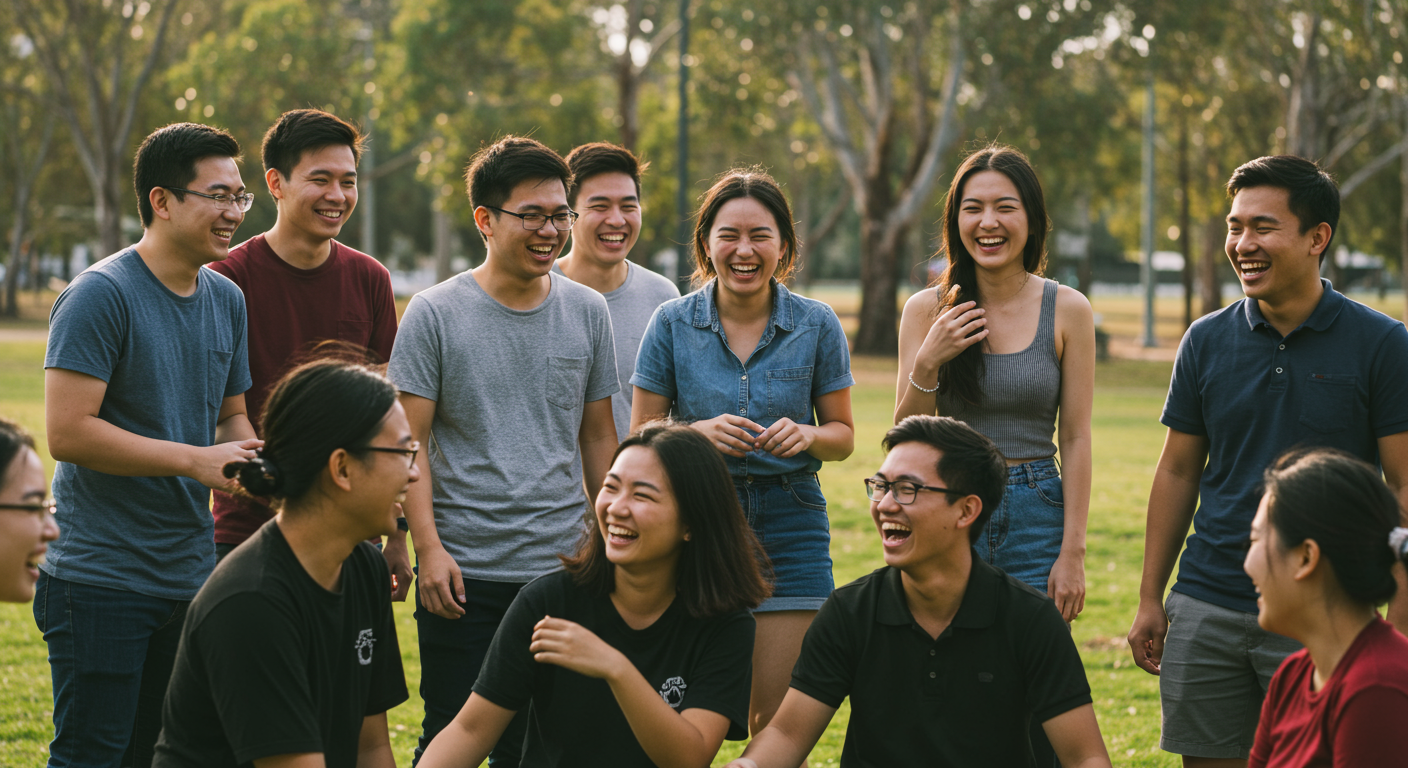 Một nhóm du học sinh Việt Nam đang vui vẻ giao lưu với bạn bè quốc tế tại một công viên ở Úc.