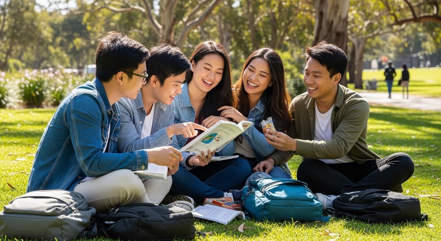 Một nhóm du học sinh Việt Nam đang vui vẻ trò chuyện tại khuôn viên trường đại học ở Úc.