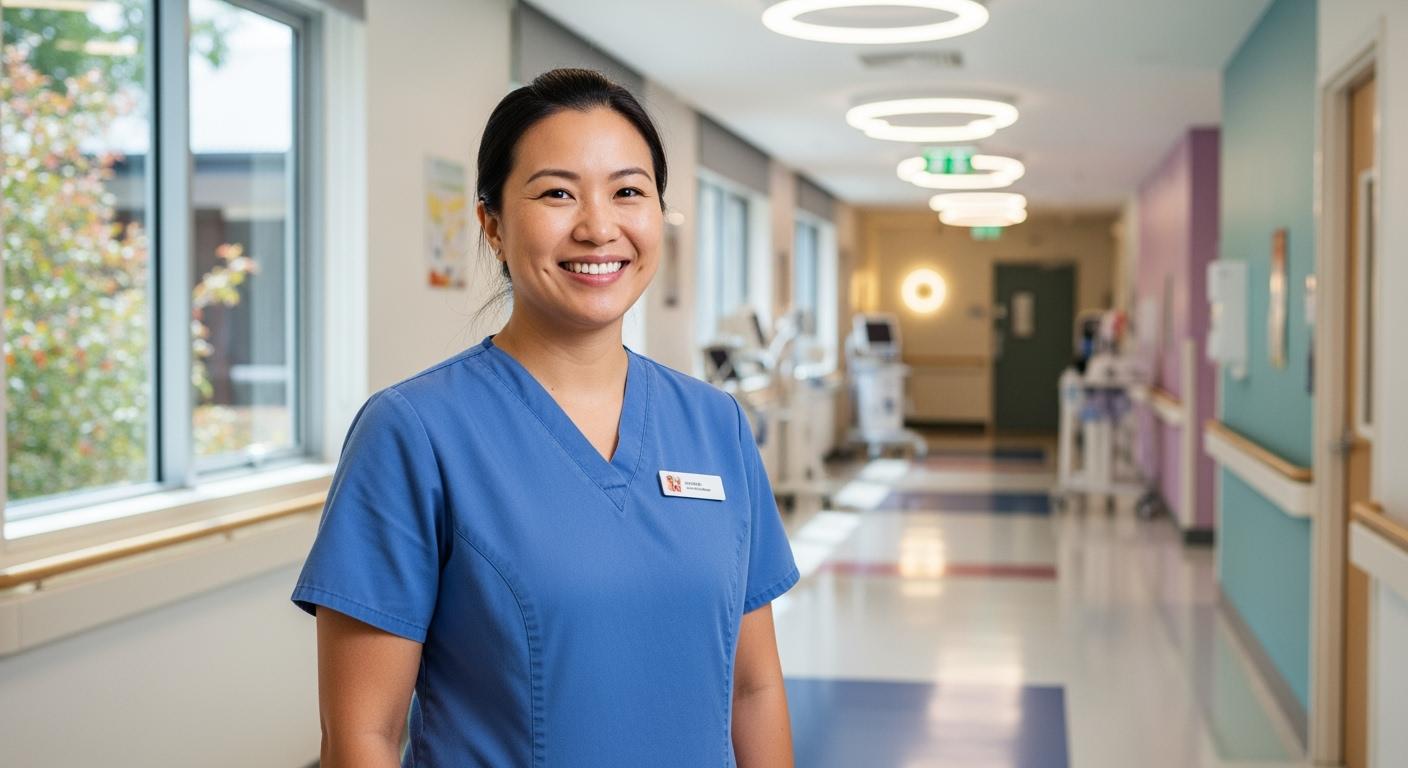 Một nữ điều dưỡng viên thân thiện trong bệnh viện hiện đại tại Úc.